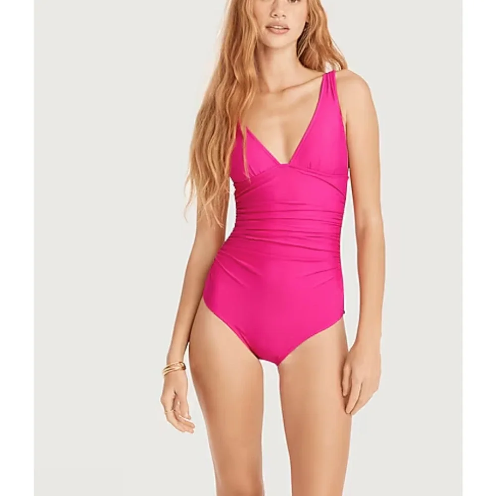 NWT J. Crew One Piece Swimsuit, Ruched Deep V-neck, Hot Pink, Sz 10 - Picture 1 of 6